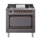 ILVE Nostalgie II Noblesse 36-Inch Natural Gas Dual Fuel Range and Solid Door Oven in Matte Graphite with Bronze Trim (UN36FQNMPMGB)