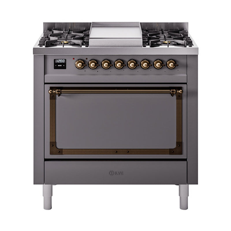 ILVE Nostalgie II Noblesse 36-Inch Dual Fuel Range and Solid Door Oven in Matte Graphite with Bronze Trim (UN36FQNMPMGB)