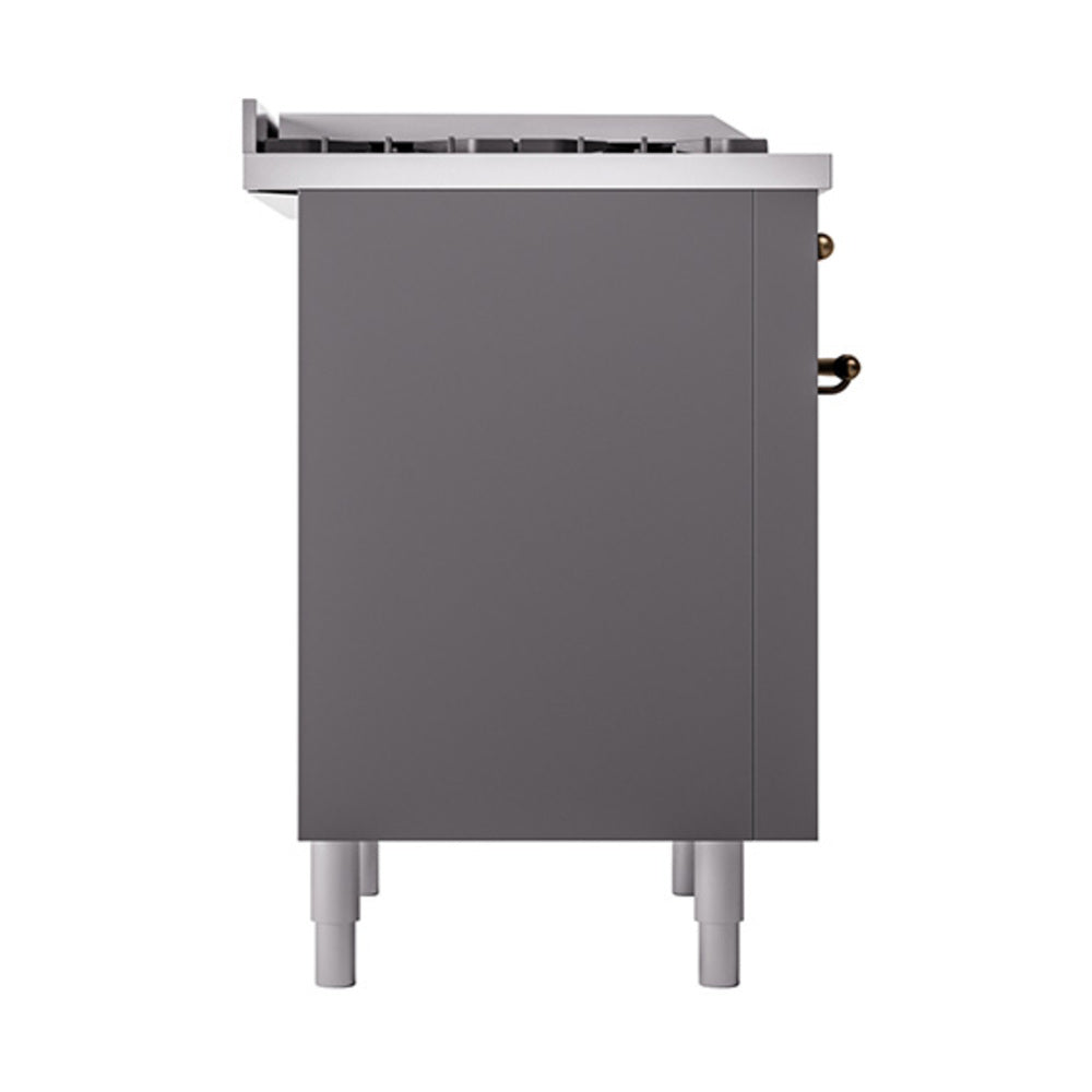 Matte graphite range side panel with bronze handle knobs and sturdy white feet