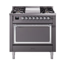 ILVE Nostalgie II Noblesse 36-Inch Propane Gas Dual Fuel Range and Solid Door Oven in Matte Graphite with Chrome Trim (UN36FQNMPMGCLP)
