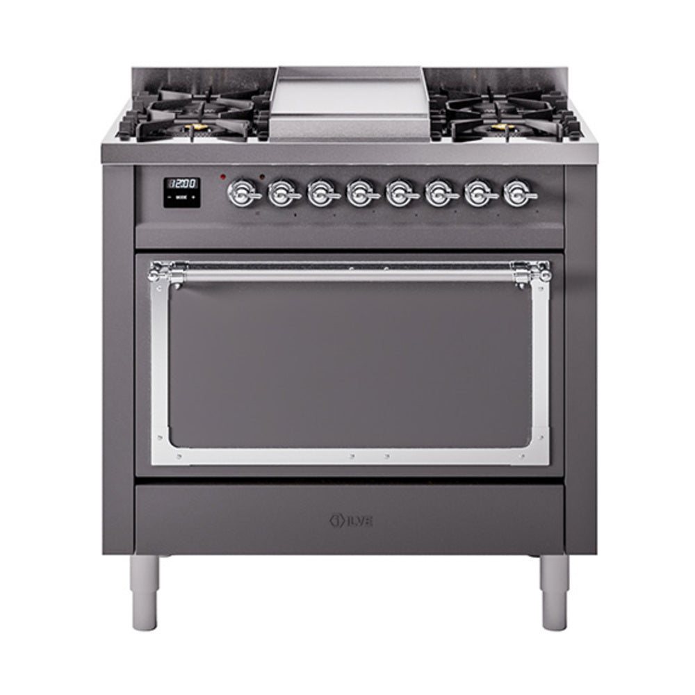 ILVE matte graphite dual fuel range with chrome-trimmed oven door and control knobs