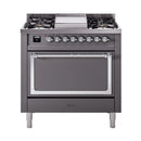 ILVE Nostalgie II Noblesse 36-Inch Natural Gas Dual Fuel Range and Solid Door Oven in Matte Graphite with Chrome Trim (UN36FQNMPMGC)