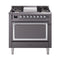 ILVE Nostalgie II Noblesse 36-Inch Natural Gas Dual Fuel Range and Solid Door Oven in Matte Graphite with Chrome Trim (UN36FQNMPMGC)