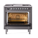 ILVE Nostalgie II Noblesse 36-Inch Natural Gas Dual Fuel Range and Solid Door Oven in Matte Graphite with Chrome Trim (UN36FQNMPMGC)