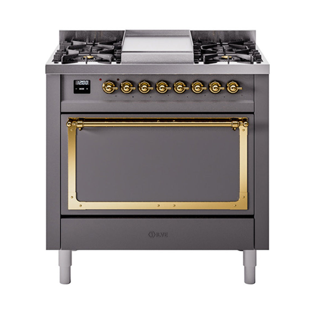 ILVE 36-inch matte graphite dual fuel range with brass-trimmed solid door oven