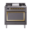 ILVE Nostalgie II Noblesse 36-Inch Natural Gas Dual Fuel Range and Solid Door Oven in Matte Graphite with Brass Trim (UN36FQNMPMGG)