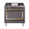 ILVE Nostalgie II Noblesse 36-Inch Natural Gas Dual Fuel Range and Solid Door Oven in Matte Graphite with Brass Trim (UN36FQNMPMGG)