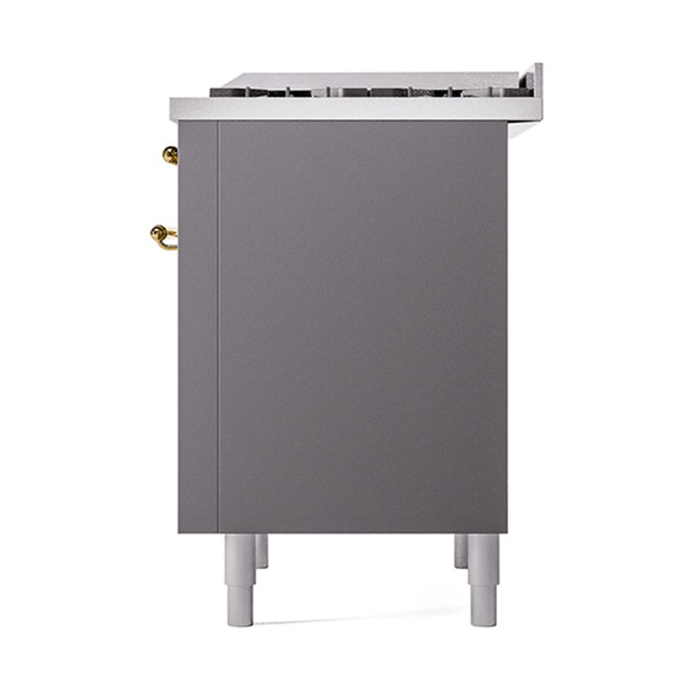 ILVE matte graphite range back view with solid panel and brass side handles