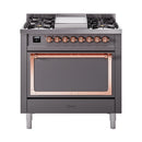 ILVE Nostalgie II Noblesse 36-Inch Propane Gas Dual Fuel Range and Solid Door Oven in Matte Graphite with Copper Trim (UN36FQNMPMGPLP)