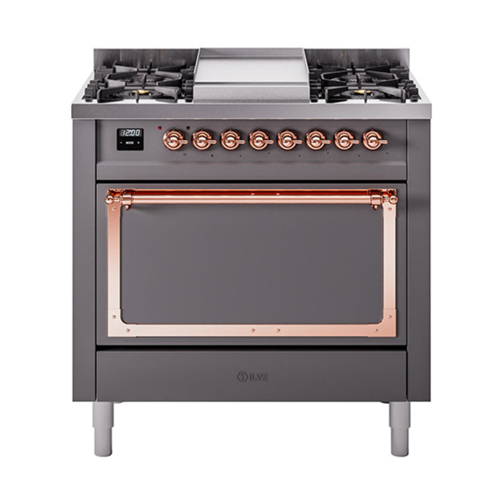 ILVE dual fuel range with matte graphite finish, copper-trim control panel and oven window