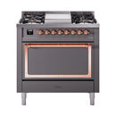 ILVE Nostalgie II Noblesse 36-Inch Natural Gas Dual Fuel Range and Solid Door Oven in Matte Graphite with Copper Trim (UN36FQNMPMGP)