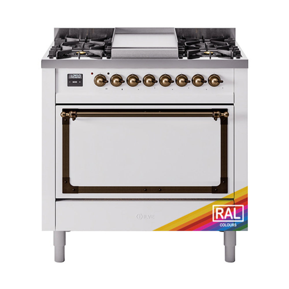 Gas dual fuel range front with bronze trim, brass control knobs, and closed solid oven door