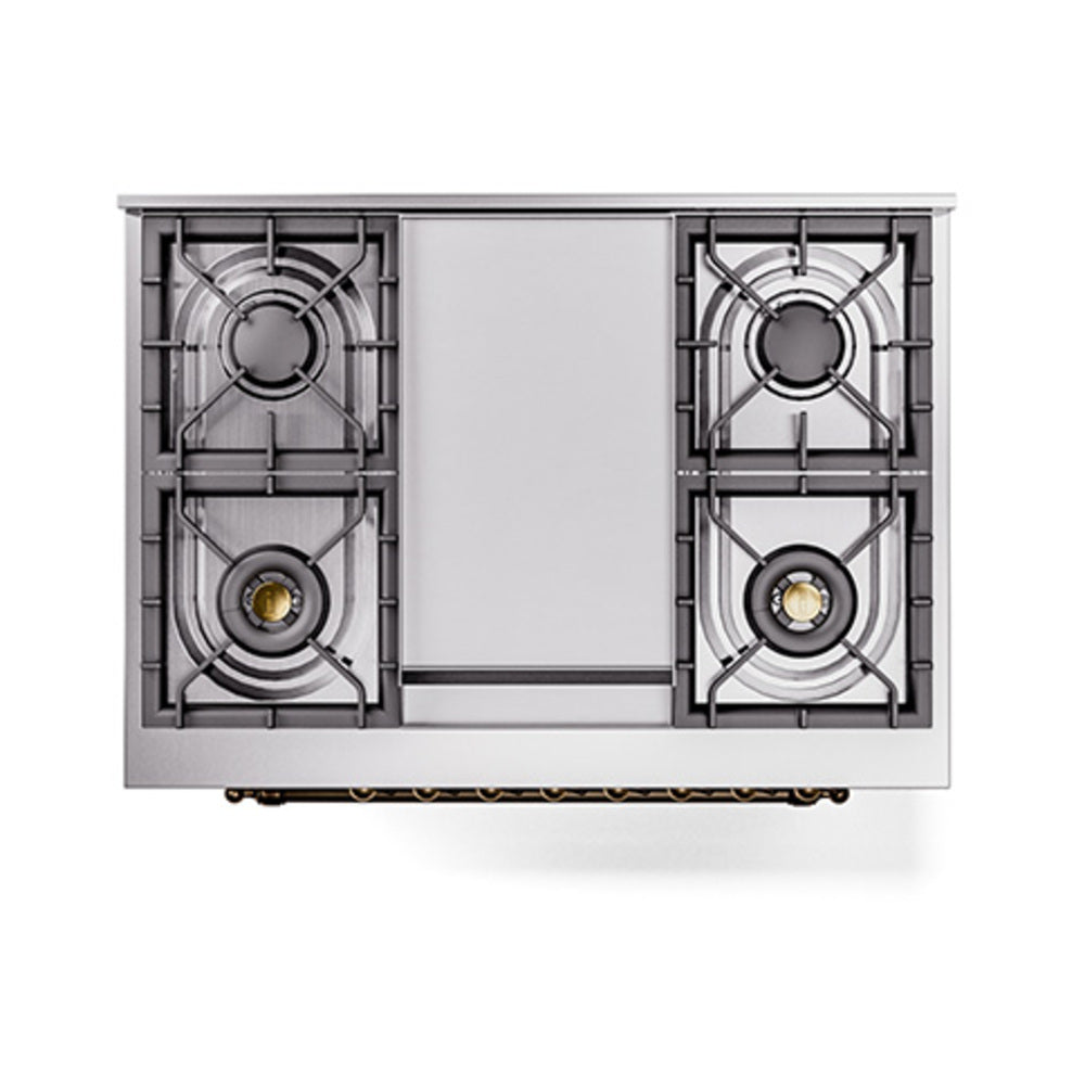 Dual fuel gas range cooktop with four burners and central control panel