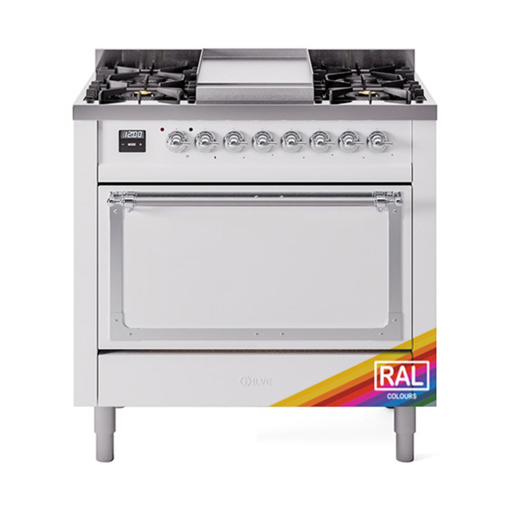 Dual fuel range with chrome-trim knobs and open oven door, natural gas