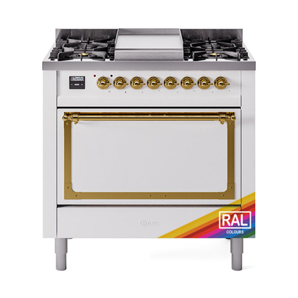 Dual fuel range with solid door oven, white front and brass-trimmed oven door