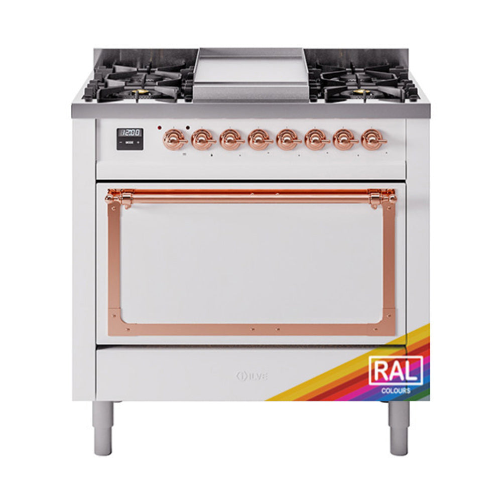 36-inch dual fuel range with copper-trim solid door oven, front view, gas burners