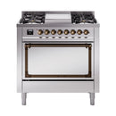 ILVE Nostalgie II Noblesse 36-Inch Natural Gas Dual Fuel Range and Solid Door Oven in Stainless Steel with Bronze Trim (UN36FQNMPSSB)