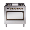 ILVE Nostalgie II Noblesse 36-Inch Propane Gas Dual Fuel Range and Solid Door Oven in Stainless Steel with Bronze Trim (UN36FQNMPSSBLP)