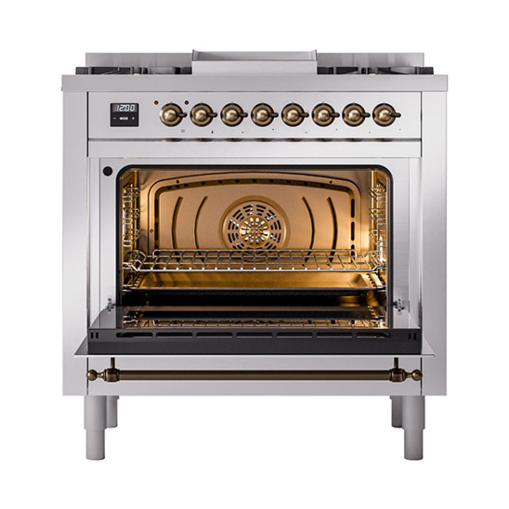 Stainless steel range with open oven door showing interior racks and burner