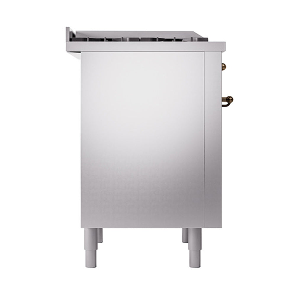 Stainless steel side panel of dual fuel range with bronze control knobs