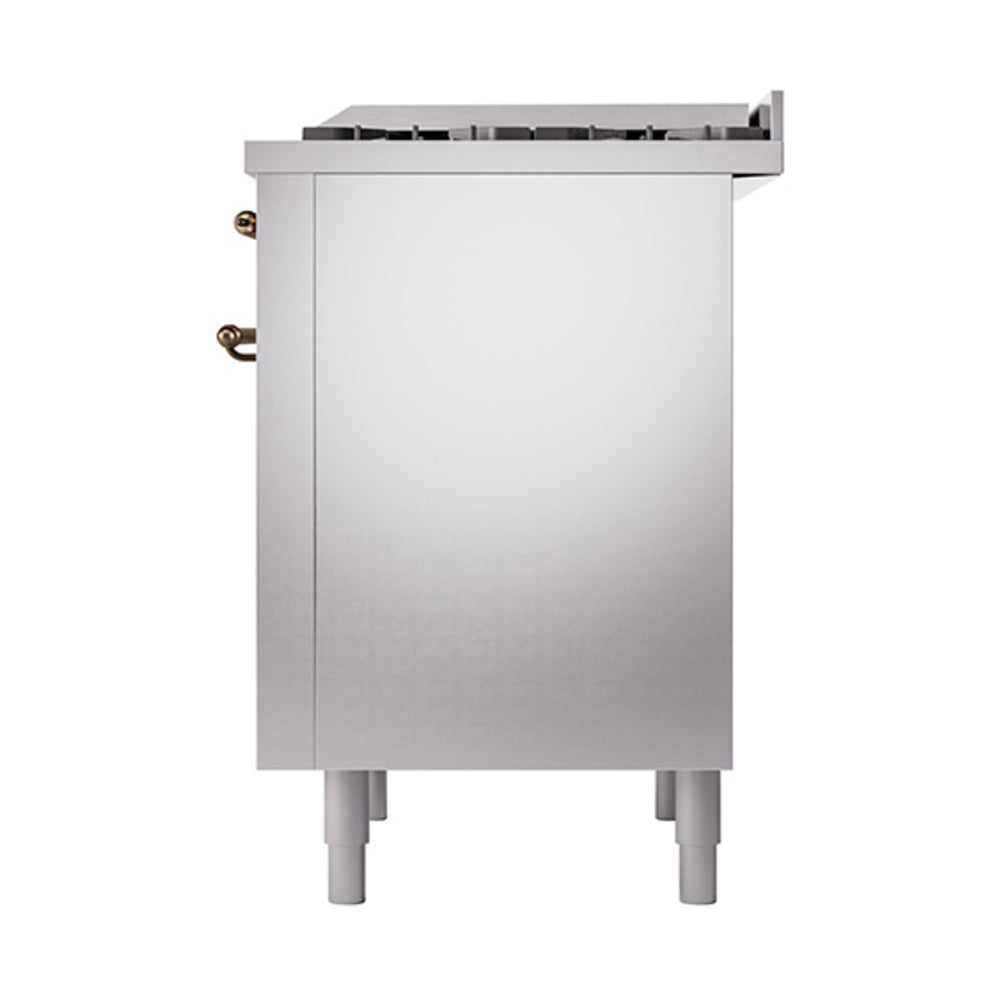 Stainless steel side view of dual fuel range with bronze-trim connection knobs
