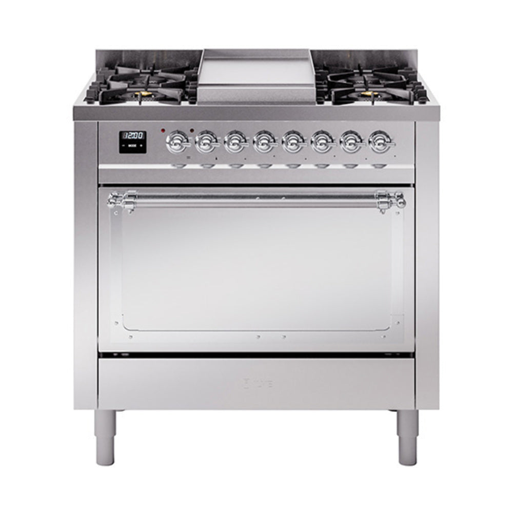 ILVE Nostalgie II stainless steel 36-inch dual fuel range with gas burners and control knobs