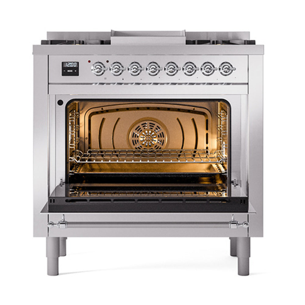 Stainless steel dual fuel range with open solid-door oven, interior heating cavity, and rack