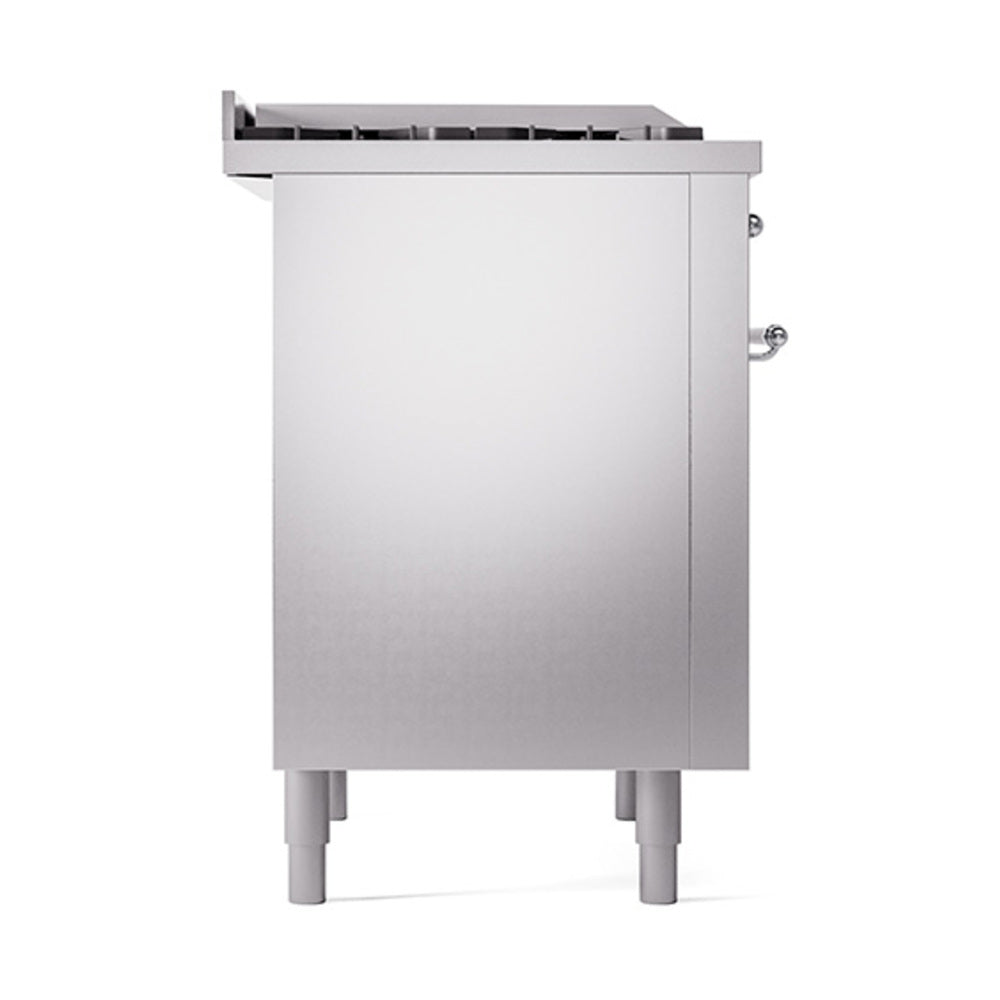 Stainless steel oven door panel with two chrome handle knobs and top burners