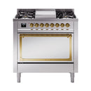ILVE Nostalgie II Noblesse 36-Inch Natural Gas Dual Fuel Range and Solid Door Oven in Stainless Steel with Brass Trim (UN36FQNMPSSG)