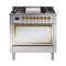 ILVE Nostalgie II Noblesse 36-Inch Dual Fuel Range and Solid Door Oven in Stainless Steel with Brass Trim (UN36FQNMPSSG)