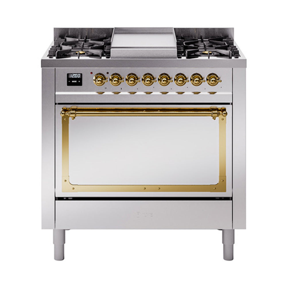 Stainless steel dual fuel range with open solid oven door and brass-trim control panel