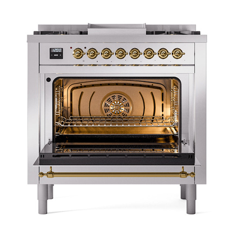 Stainless steel dual fuel range with oven door open, showing interior racks and brass details