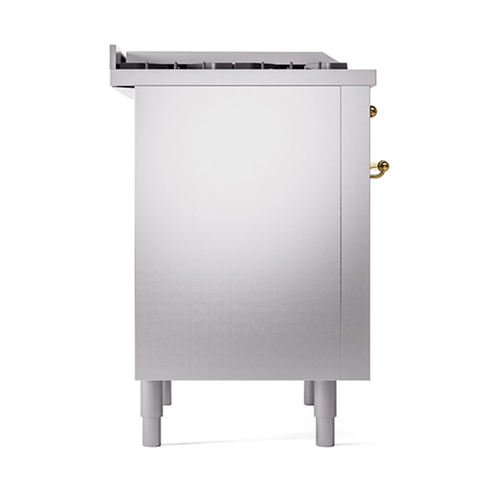 Stainless steel dual fuel range side view with brass handle hardware and feet