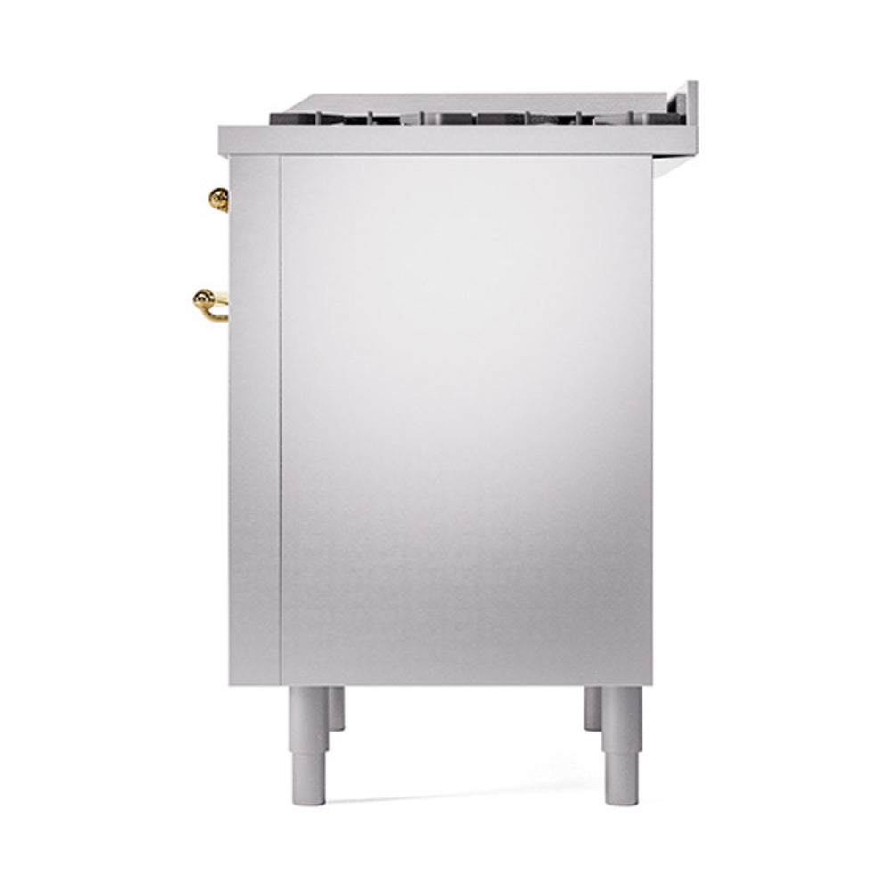 Stainless steel dual fuel range with solid side panel and brass control knobs