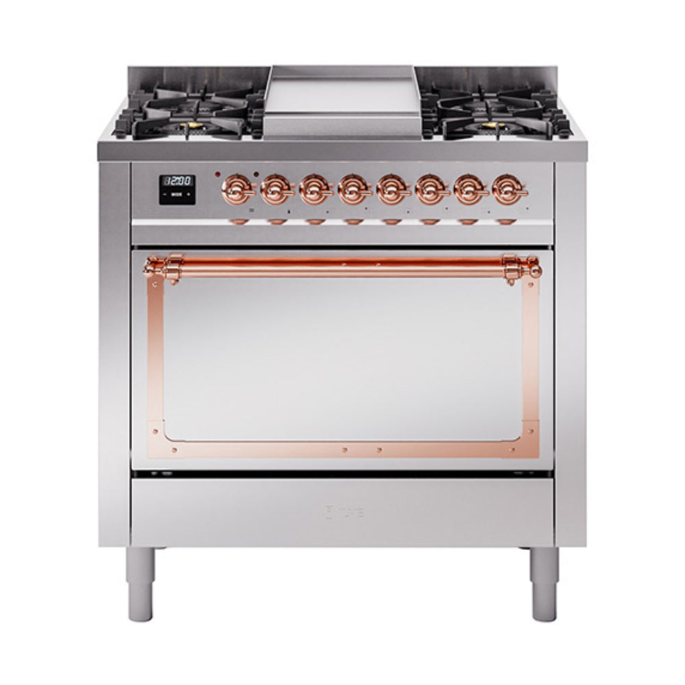Stainless steel dual fuel range with copper-trim controls and solid oven door