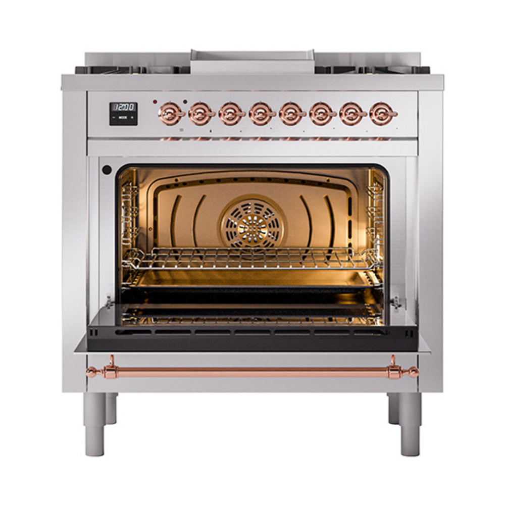 Dual fuel range with open oven door, stainless interior and copper-style accents