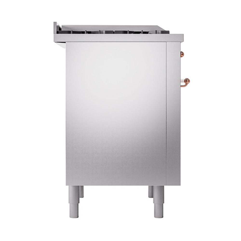 Stainless steel range side panel with copper gas line fittings and four legs