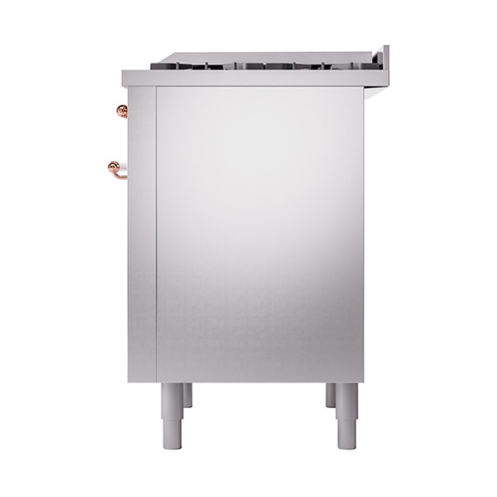 Stainless steel range back panel with copper gas line fittings and leveling legs