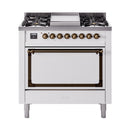 ILVE Nostalgie II Noblesse 36-Inch Natural Gas Dual Fuel Range and Solid Door Oven in White with Bronze Trim (UN36FQNMPWHB)
