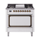 ILVE Nostalgie II Noblesse 36-Inch Propane Gas Dual Fuel Range and Solid Door Oven in White with Bronze Trim (UN36FQNMPWHBLP)