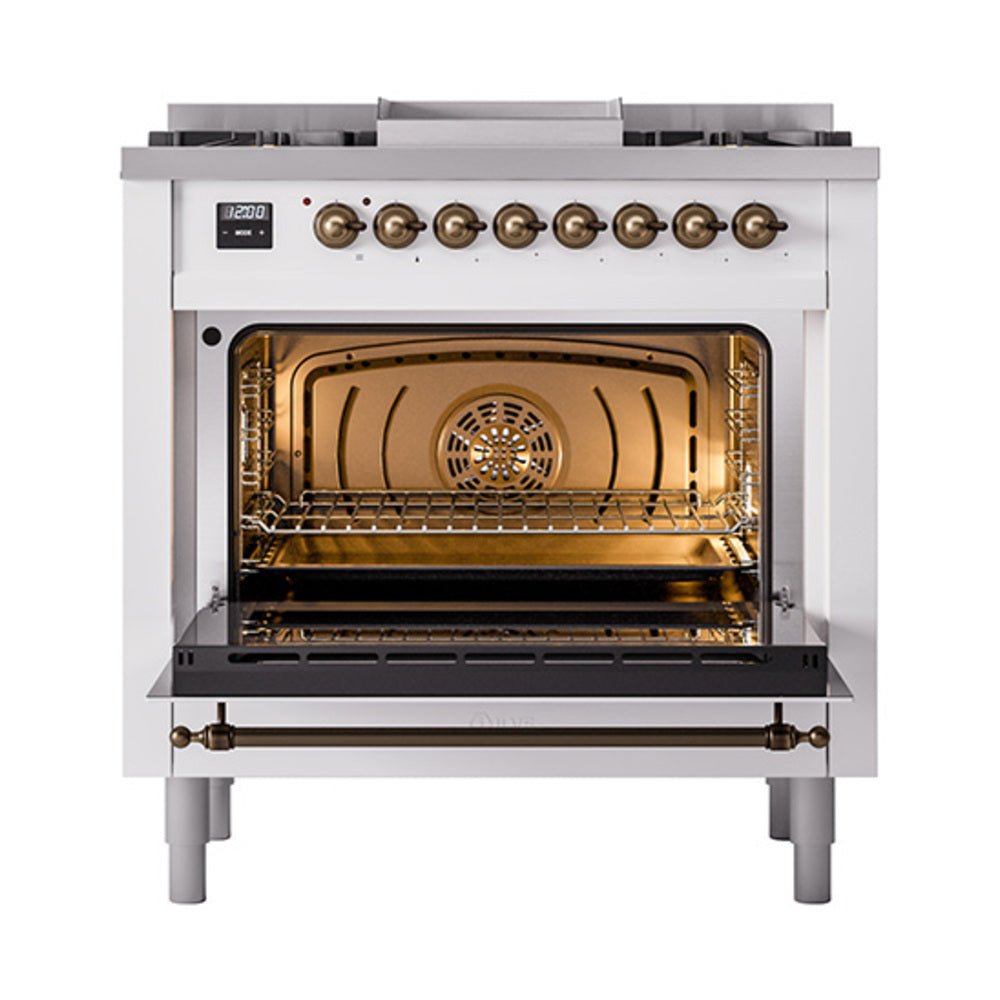 White gas range with open oven door, interior rack, and warm bronze oven lining