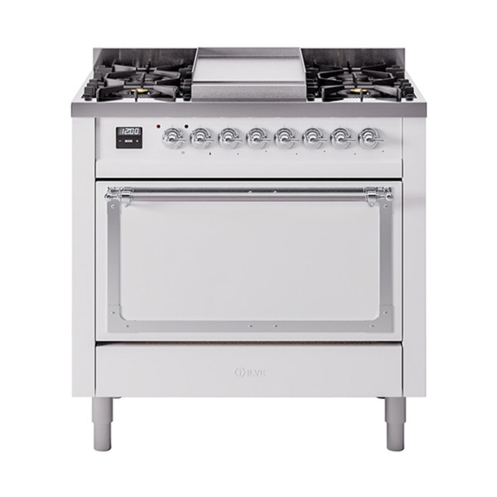 White 36-inch dual fuel gas range with chrome-trim control panel and oven door window