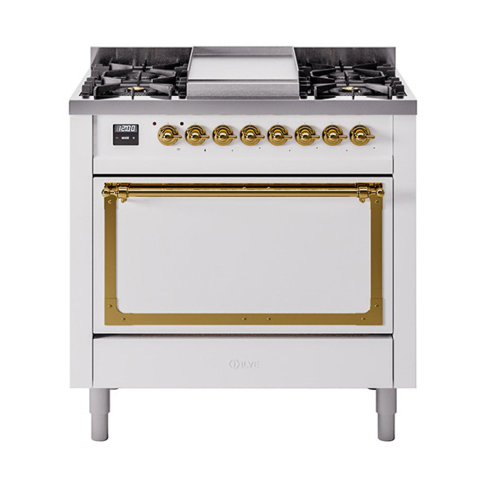 36-inch dual fuel range with solid door oven, white with brass trim and burner knobs