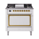 ILVE Nostalgie II Noblesse 36-Inch Propane Gas Dual Fuel Range and Solid Door Oven in White with Brass Trim (UN36FQNMPWHGLP)