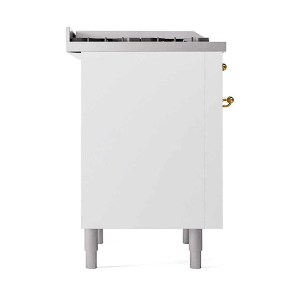 White range oven side panel with brass door hinges and open-top vent grilles