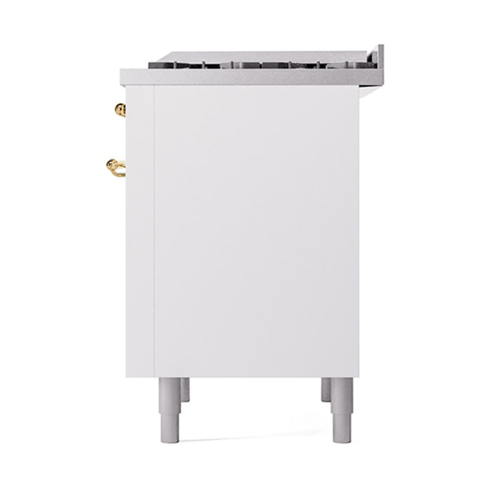 White range oven end panel with brass hinge hardware and top vent grilles