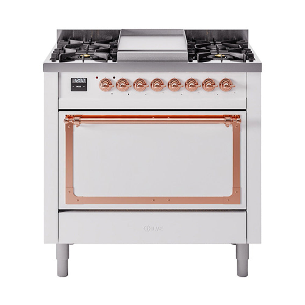 White dual fuel gas range with copper-trimmed solid oven door and control panel