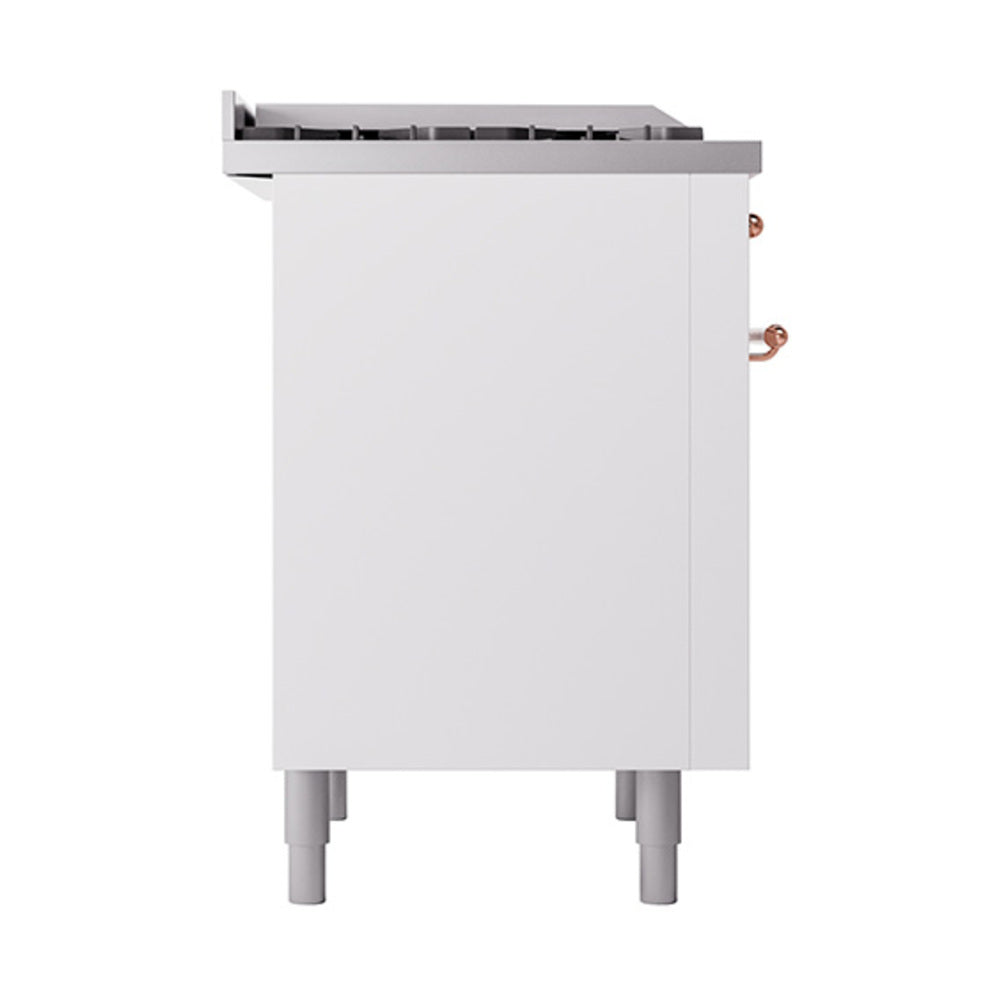 White side view of dual fuel range with copper gas fittings and support legs