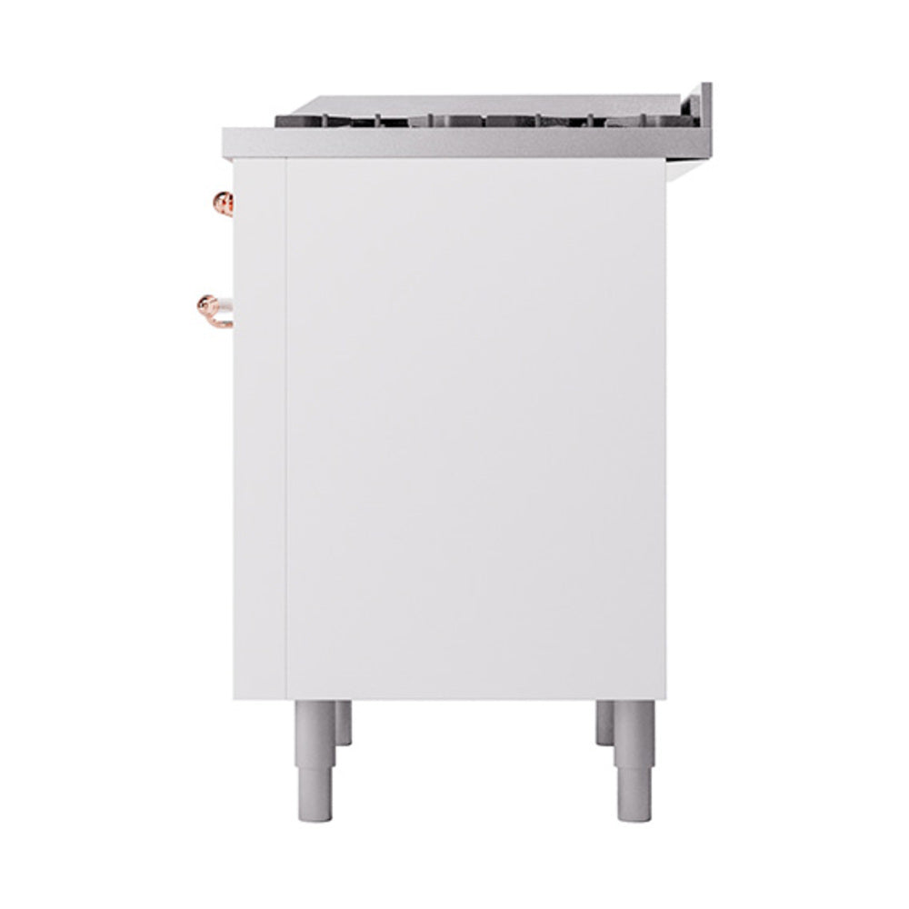 White back corner view of dual fuel range with copper gas fittings and legs