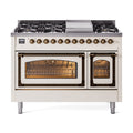 ILVE Nostalgie II Noblesse 48-Inch Freestanding Natural Gas Dual Fuel Range in Antique White with Burnished Bronze Trim (UN48FNMPAWB)